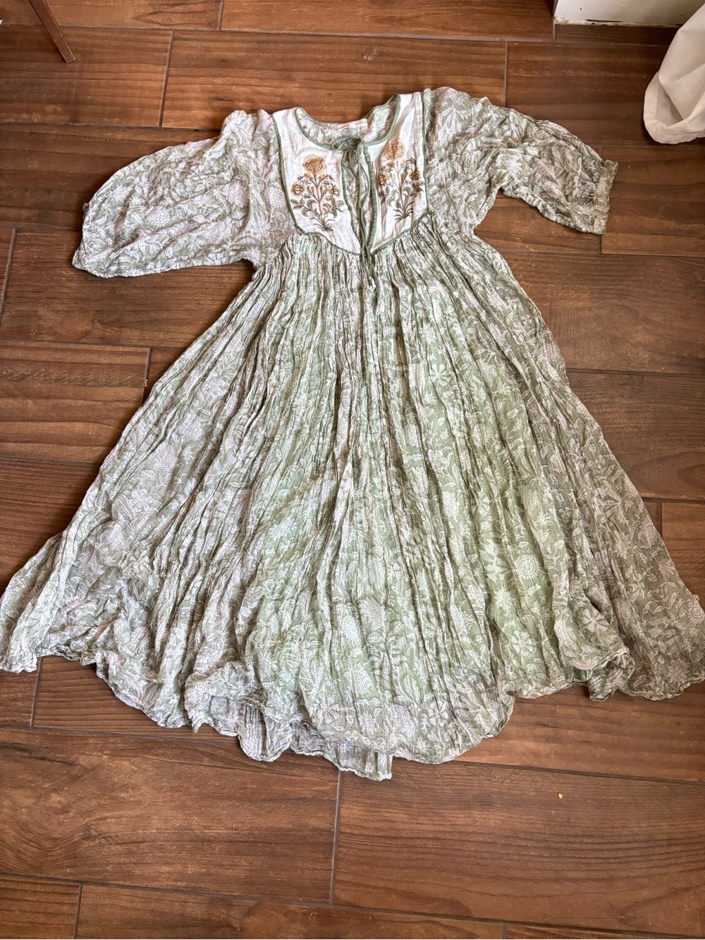 Daughters of India Diya Dress Pistachio Floral Block Print Embroidered Yoke Smal